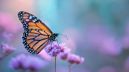 Naklejka premium Macro monarch feeding on single pink bloom against blue — vibrant orange and black wings on purple blossoms with soft bokeh, ideal for editorial layouts, posters, web banners, ecology content, and e