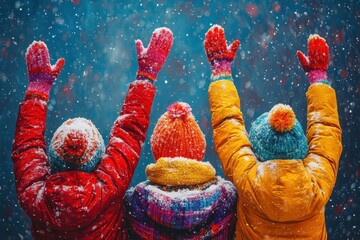 Child in winter clothing raises hands joyfully, friends by his side.