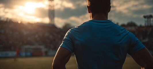 A man in a blue shirt watches a soccer game at sunset.  A large crowd fills the stadium in the background