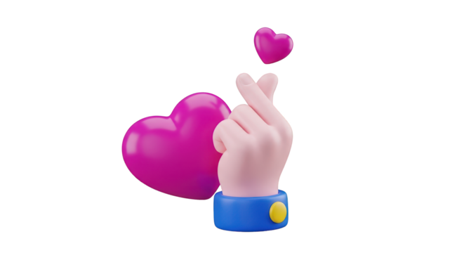 3D Hand Making Finger Heart Gesture with Pink Hearts love isolated on a transparent background
