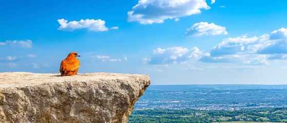 Orange Hawk Perched on Cliff Overlooking Cityscape