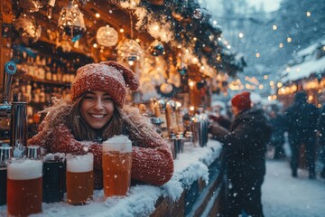 Woman in red hat and scarf sitting at snow-covered beer bar.