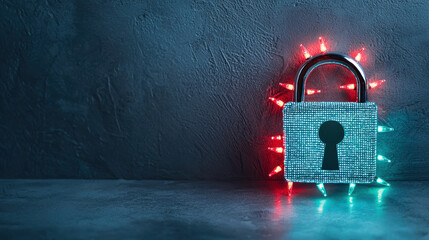 Christmas cyber security technology concept with padlock and festive lights on textured background creating secure holiday atmosphere