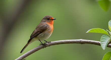Fototapeta premium European robin perched on branch with blurred green background