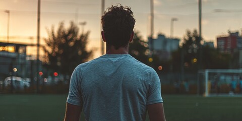 A man stands on a sports field at sunset, gazing into the distance