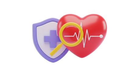 3D heart with cardiogram and shield with cross health medical isolated on a transparent background