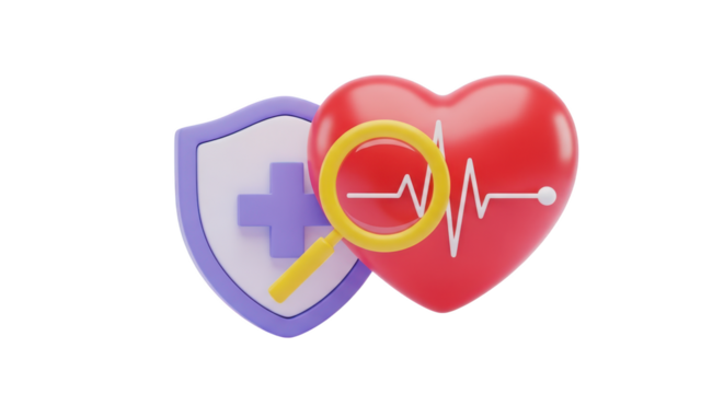 3D heart with cardiogram and shield with cross health medical isolated on a transparent background