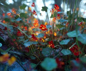 Vibrant Nasturtium Blossoms Amidst Lush Greenery in a Sunlit Garden Scene
