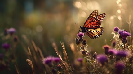 Macro monarch flying above tall purple flowers in sunlight — vibrant orange and black wings on purple blossoms with soft bokeh, ideal for branding, editorial spreads, and educational visuals, ecolog