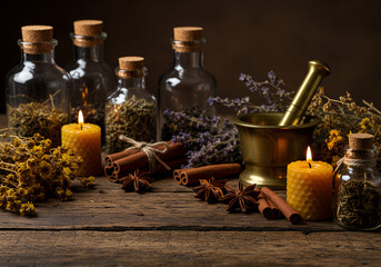 rustic potion setup with herbs and spices &ndash; halloween background