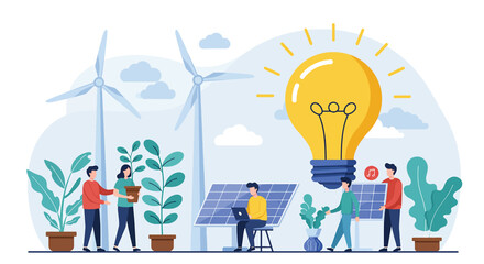 Diverse people collaborating on renewable energy solutions with wind turbines and solar panels. © NFS Studio