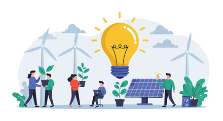 Diverse people cultivating green energy with solar panels and wind turbines.