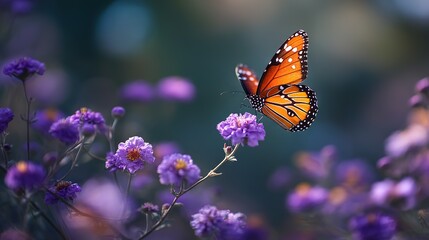 Monarch flying among multiple purple blossoms in airy meadow &mdash; vibrant orange and black wings on purple blossoms with soft bokeh, ideal for branding, editorial spreads, and educational visuals, ecol