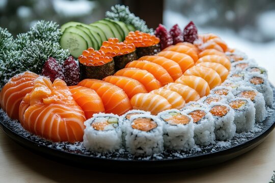 Plate of sushi with salmon and cucumber slices.