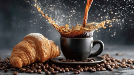 Steaming cup of coffee splashes as it is poured, surrounded by coffee beans and fresh croissant on dark background