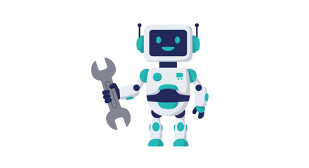 Friendly cartoon robot holding a wrench ready for repairs and maintenance