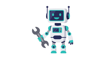 Friendly cartoon robot holding a wrench ready for repairs and maintenance.