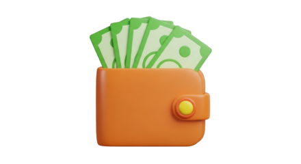 3D Orange Wallet Filled With Green Paper Money Bills cash currency isolated on a transparent background