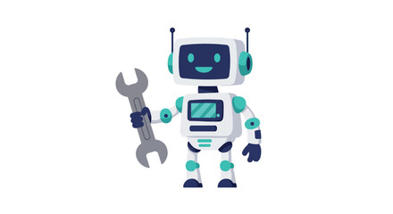 Friendly Cartoon Robot Holding a Wrench Ready for Repairs.