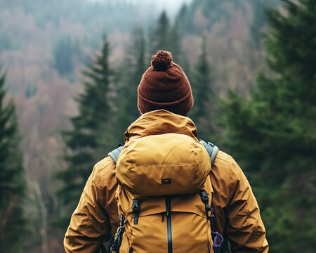 Person with backpack, looking at mountain forest