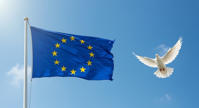 European union flag and dove of peace symbol against blue sky