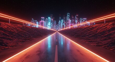 Futuristic cityscape at night with illuminated highway and skyline
