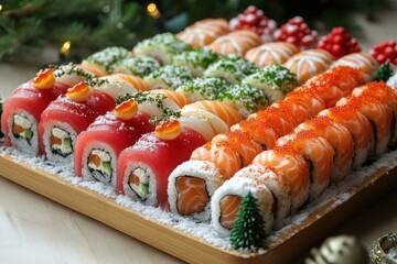 Wooden platter with sushi.