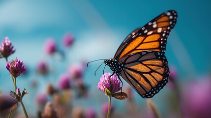 Fototapeta premium Sharp focus monarch on purple clover against cyan sky — vibrant orange and black wings on purple blossoms with soft bokeh, ideal for web banners, packaging, and eco themed marketing, ecology content
