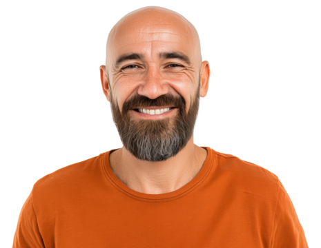 Smiling bald man with full beard wearing bright orange t-shirt isolated on transparent background