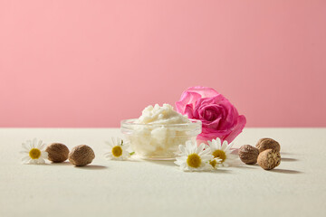 Front view with shea butter, delicate roses and chamomile flowers on pink background. Natural skincare ingredient concept with clean background for product presentation.