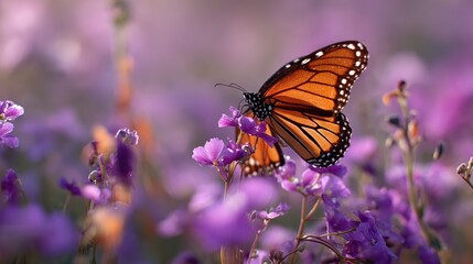 Obraz premium Wide yet close macro of monarch amid dreamy violet meadow — vibrant orange and black wings on purple blossoms with soft bokeh, ideal for web banners, packaging, and eco themed marketing, ecology con