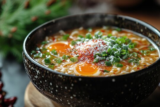 Bowl of soup with eggs and par pars.