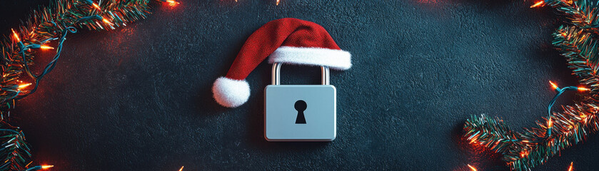 Christmas cyber security technology concept with padlock wearing Santa hat surrounded by festive lights and pine branches on dark background