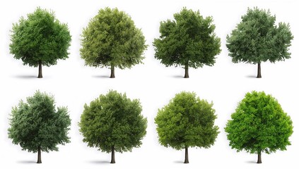 A collection of eight lush green trees isolated on white background