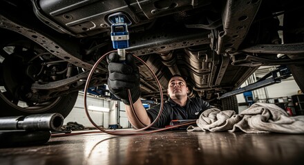 Technician Performing Diagnostic Test Under Vehicle with Diagnostic Tool