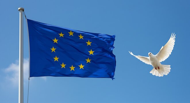 European union flag with dove against blue sky symbolizing unity