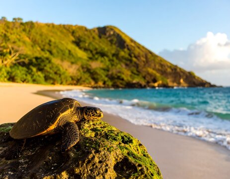 Turtle resting on a rock at a beach at sunrise - Powered by Adobe