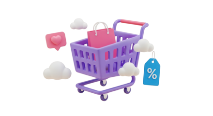 3D Purple Shopping Cart with Pink Bag and Heart Icon trolley e-commerce isolated on a transparent background