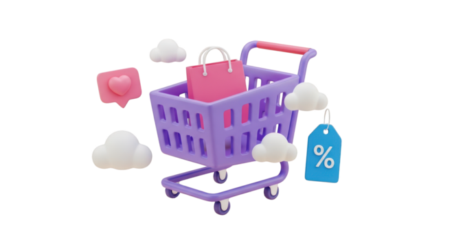 3D Purple Shopping Cart with Pink Bag and Heart Icon trolley e-commerce isolated on a transparent background
