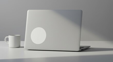 Circular Blank Sticker Vector Mockup on Laptop Lid with Workspace Scene