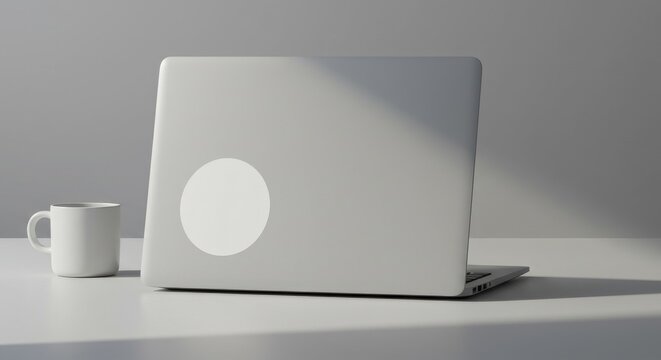 Circular Blank Sticker Vector Mockup on Laptop Lid with Workspace Scene