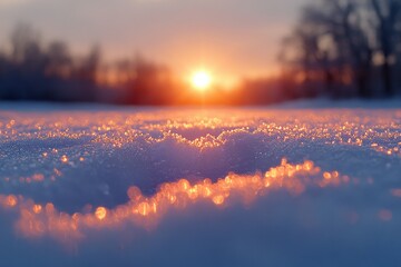 Sun setting over a snowy field.