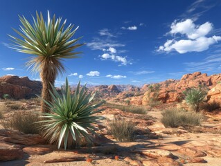 Lush Green Yucca Plants Amidst Rocky Desert Landscape Under Bright Blue Sky and Fluffy White Clouds
