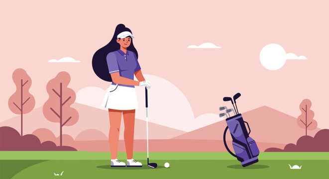 Woman golfer standing on a green course with golf bag and clubs.