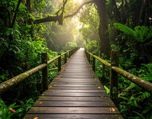 Lush jungle path bathed in morning light