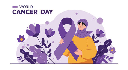 Woman holding purple ribbon for World Cancer Day surrounded by flowers.