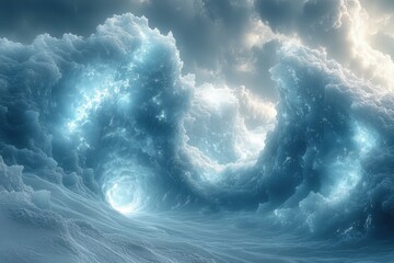 Large ocean wave under cloudy sky.