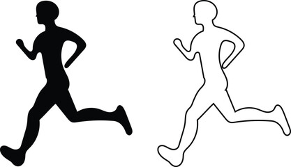 Running man Silhouette and outline icon. Vector illustration showing two simple runner icons, one solid silhouette and one outline, symbolizing fitness, sport, and activity.

