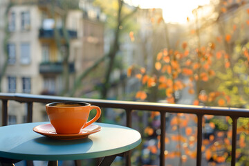 Morning Coffee on Balcony: An inviting composition featuring a vibrant orange coffee cup and saucer perched on a turquoise table.