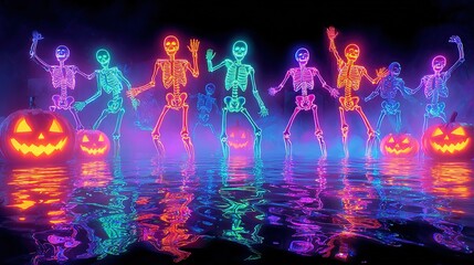 Neon-drenched Halloween rave scene with glowing jack-o'-lanterns, cyber skeletons, and liquid metal bats. Retro-futuristic style.